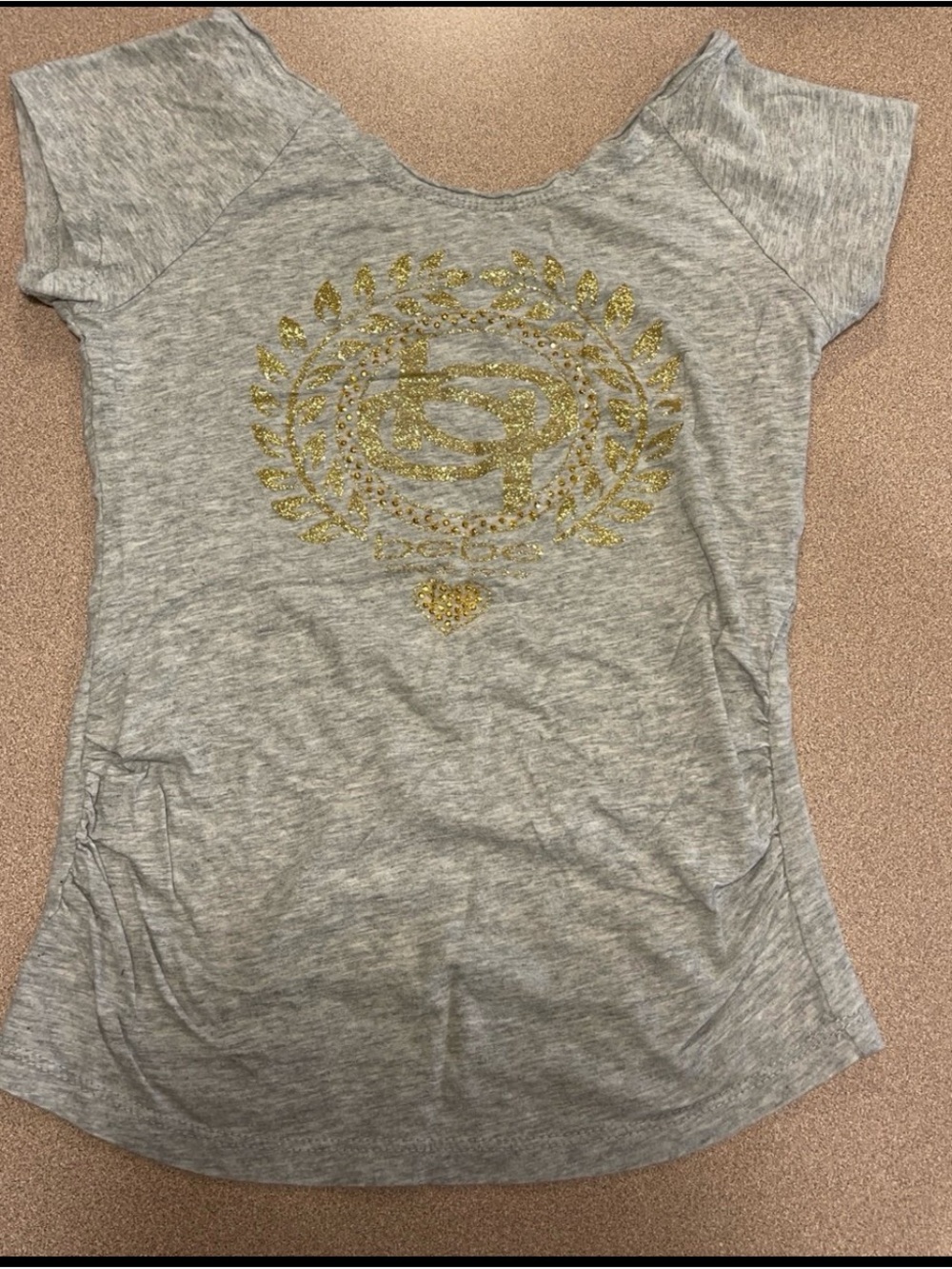 Bebe girls gray shirt with gold logo size small